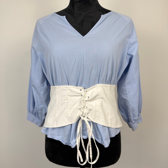 1.State Tops - 1.State Corset Waist Pinstripe Top Womens‎ Size M Blue White Office Siren
